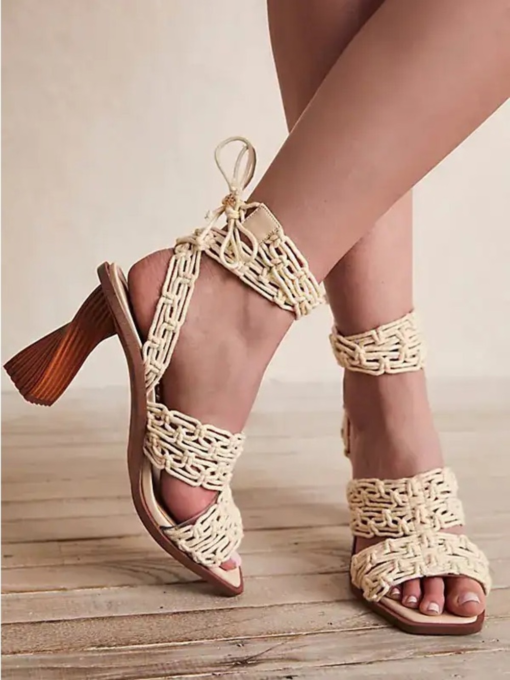 Sam Edelman Harleigh Crochet Macrame Sandal Heels Ankle Wrap Beige 7.5 Like New